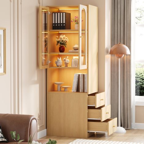 Meuble rangement 60x40x200 avec vitrine LED chêne OKMYHOME (1/5)