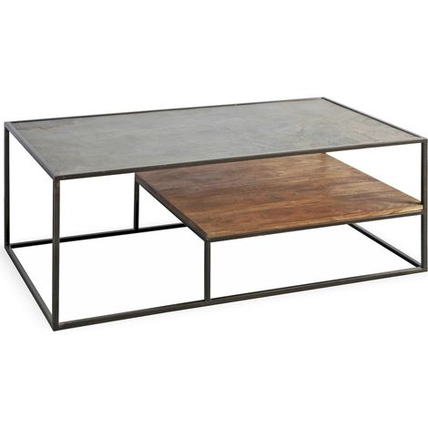 Table basse design bois acacia métal et pierre naturelle - bois foncé et pierre gris pizarra (1/3)