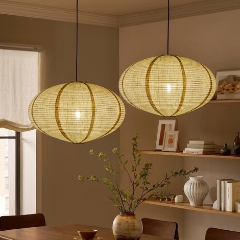 Set of 2 Oval Natural Linen Shades Diameter 50 cm Fabric Pendant Light Shade Bohemian Minimalist Living Room Bedroom Dining Room (1/5)
