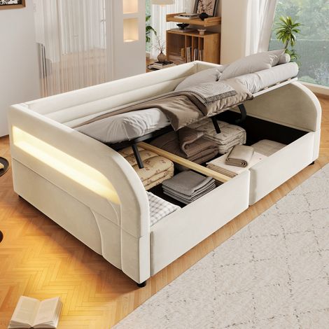 Lit plateforme rembourré 140x200 cm avec LED, canapé-lit 2 personnes avec éclairage LED, lit coffre avec hydraulique, beige (1/5)