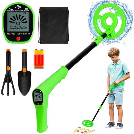 Detecteur de Metaux Enfant, Détecteur de Métaux Étanche Ip68,Pliable Transportable Detecteur de Metaux Enfant avec Écran LCD et Son,Détecteur de Métaux Très Sensible avec Râteau,Pelle,Sac à Dos (1/5)