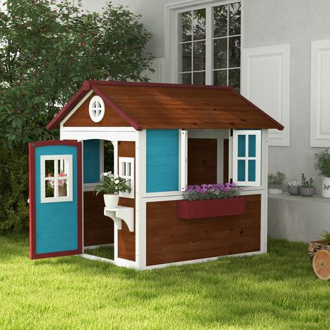 Kinderspielhaus, Holz-Spielhaus für Kinder, Outdoor-Gartenspielhaus mit Fenstern, Blumentöpfe, 3-8 Jahre, Blau