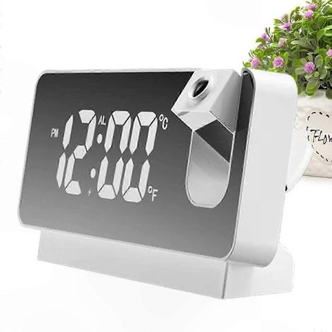 Réveil à projection LED avec fonction de chargement USB, projection à 180 degrés, affichage numérique, convient pour la chambre (blanc). (1/5)