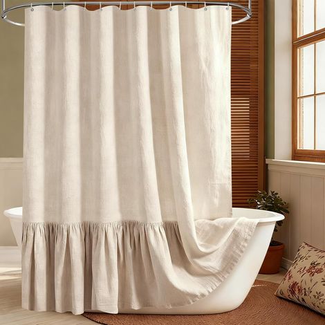 Rideau de Douche en Lin Beige 180x180 cm – Imperméable, Antimoisissure & Antibactérien, Tissu Épais 180GSM avec Ourlet lesté Lourd, Lavable Rideau de Douche, avec 12 Crochets (1/5)