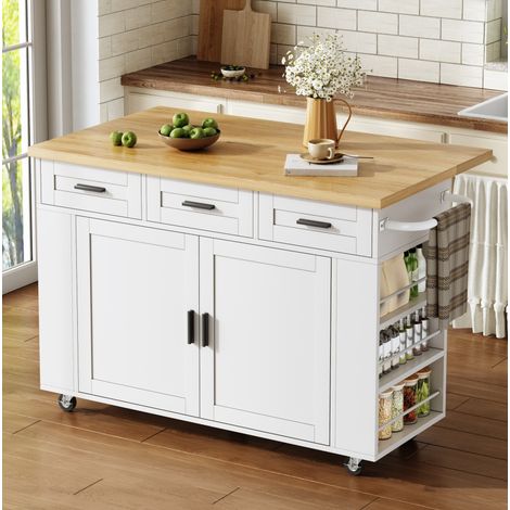 Isla de cocina con tablero abatible, 120 x 70 x 84 cm, MDF natural y blanco OKMYHOME (1/5)