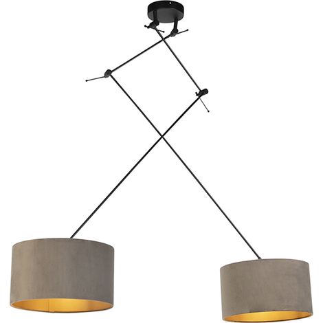 QAZQA Rústico Lámpara colgante negra con pantallas de terciopelo topo con dorado 35 cm 2-luces - Blitz Textil /Acero Cilíndra /Alargada /Redonda Adecuado para LED Max. 2 x 60 Watt