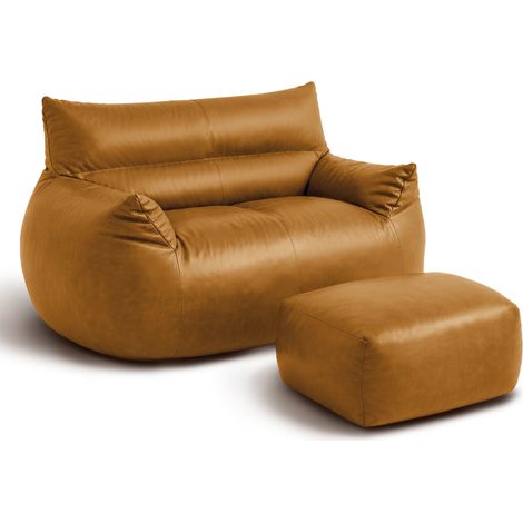 Poltrona Sacco Doppia con Pouf - Grande Divano Sacco in Tessuto Tecnico e Ecopelle Marrone per Soggiorno, Camera e Cameretta (1/5)