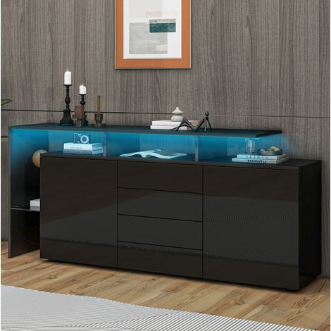 MEUBLIV Meuble TV 160x35x70 cm noir – LED, 4 tiroirs et 2 portes (1/5)