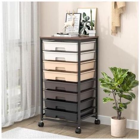 Chariot de salle de bain avec 8 tiroirs - Chariot de rangement à roulettes avec plateau en bois - Pour salon, chambre à coucher, bureau - Grande capacité,Marron (1/5)
