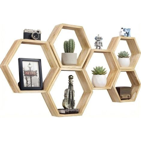 Lot de 6 étagères hexagonales flottantes à Montage Mural, pour Ferme, Bois en nid d'abeille, étagère Murale en nid d'abeille, 6 étagères hexagonales, décoration de Maison, Bureau, Marron Clair (1/5)