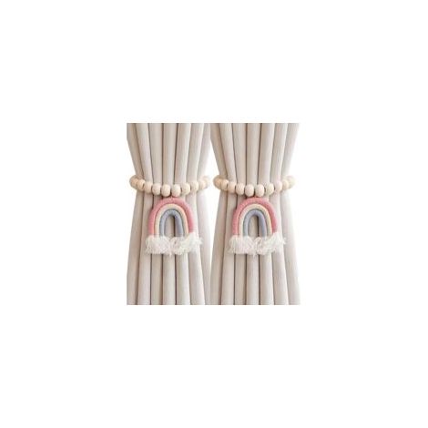 2PCS Rideau embrasses dos, embrasses de Rideau avec pendentif pompon arc en ciel, cravates en bois perlé pour rideaux, pas de poinçonnage Rideau retenues traitement de fenêtre pour chambre à cou-Crezu