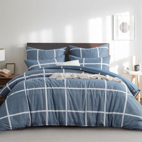Bettwäsche 3teilig Mikrofaser Reißverschluss 220x240 Karo Denimblau (1/5)