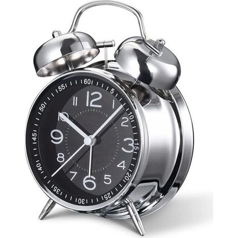 Super Silent Analog Alarm Clock with Backlight - 11.5 cm Diameter - Double Bell - Retro "Weather" Design for Heavy Sleepers - Battery Operated (Black)