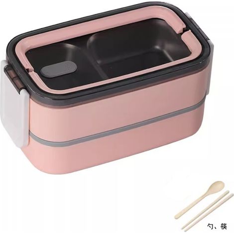 Boîte à lunch bento à 2 compartiments en acier inoxydable avec couverts, sans BPA et compatible micro-ondes, boîte à lunch haut de gamme pour adultes, idéale pour les déplacements et le bureau (Rose) (1/5)