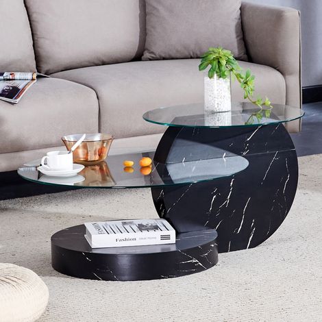 REDOM - Tavolino da caffè, design minimalista, ripiani multilivello, struttura stabile in MDF e vetro, nero trasparente (1/5)