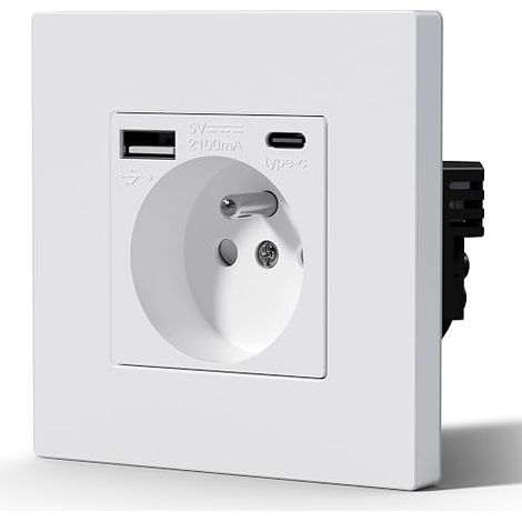Toma de corriente con USB y tipo C, enchufe de pared con panel de plástico, estándar francés CA 16 A 240 V 86 mm Blanco (1/5)