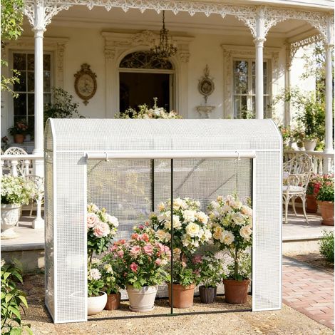 Invernadero de jardín, con 2 ventanas enrollables y puerta con cremallera, acero y polietileno, blanco (1/5)
