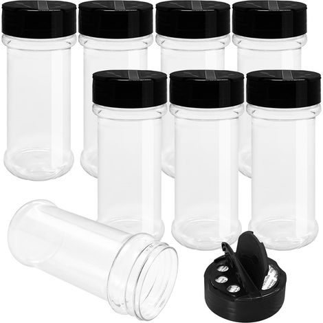 Lot de 8 pots à épices ronds en plastique de 200 ml avec couvercles saupoudreurs noirs, contenants à épices réutilisables, pots en plastique transparent (1/5)