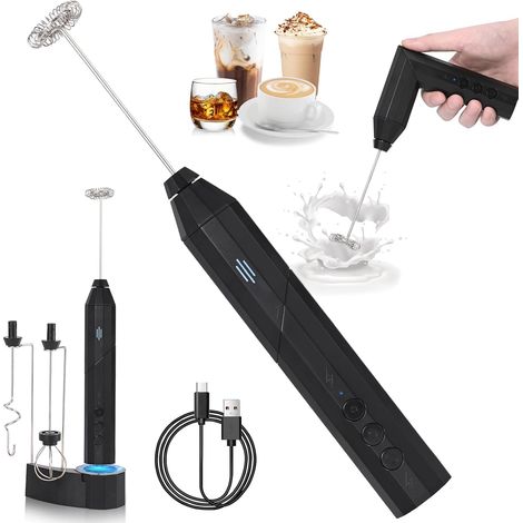 1 Mousseur à lait rechargeable USB, 3 têtes interchangeables acier inoxydable, mélangeur électrique 3 vitesses, support inclus pour café latte cappuccino