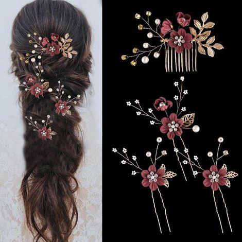 Lot de 4 épingles à cheveux en forme de feuille dorée avec strass pour femme (rouge vin) (1/5)