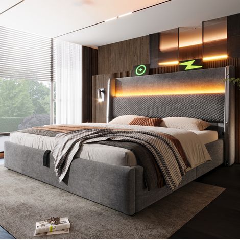 Letto matrimoniale idraulico 180x200 cm con materasso, LED, contenitore e USB-C grigio (1/5)