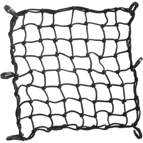Rete portaoggetti per auto - 4040 cm - Nera - 64 fori - Rete per casco e bagagli - Resistente - Portatile - 6 ganci in plastica - Per moto, biciclette e auto (1/5)
