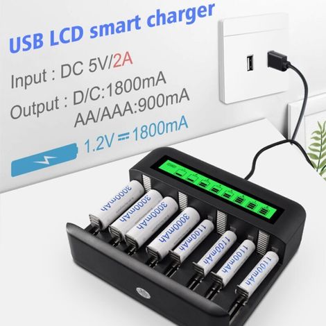 Chargeur de batterie universel à 8 emplacements avec écran LCD et port USB