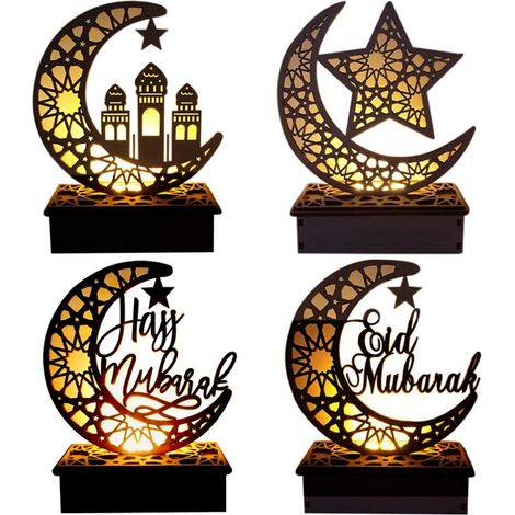 4 Ornements LED en Bois Eid Mubarak, Décoration Ramadan pour Maison Fête Islamique