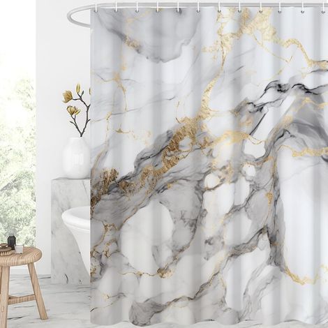 Rideau de douche, 180x200cm, Gris Blanc avec texture dorée en encre marbre Art moderne Tissu imperméable Rideau de bain lavable en machine avec crochets (1/5)