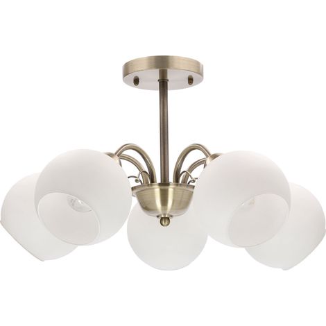Plafonnier vintage patine, 5xE27, verre blanc Nestor (1/2)