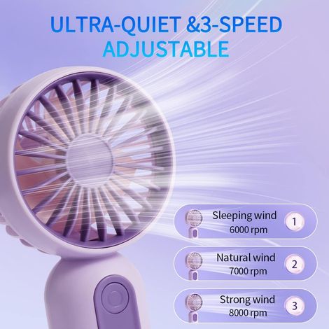 Mini ventilateur portable - violet, trois vitesses de ventilation, idéal pour une utilisation au bureau, en extérieur et en voyage. (1/4)