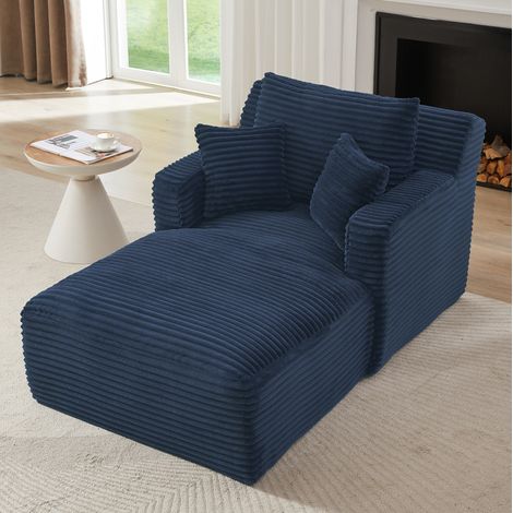 Chaise longue sofá (33x33x127 cm), sin montaje, con espuma de alta densidad y muelles ensacados, pana azul (1/5)