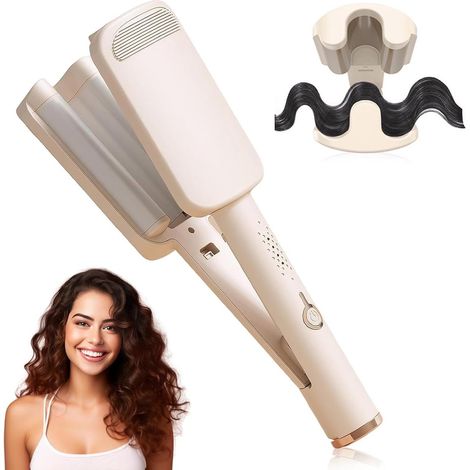 Ferro arricciacapelli Deep Waves - Ferro professionale a waffle 32 mm - Ferro arricciacapelli a 3 cilindri per onde da spiaggia con temperatura regolabile (160°C-220°C) - Ferro arricciacapelli per ... (1/5)