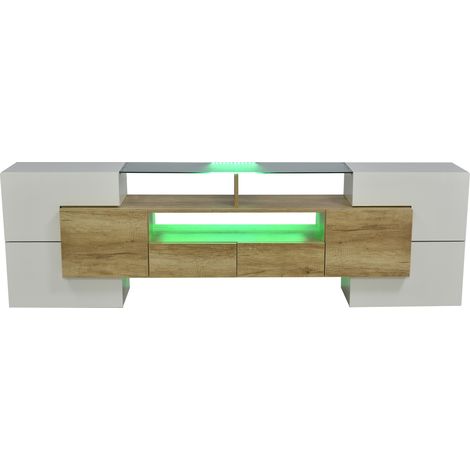 Meuble TV design 200 cm blanc brillant avec éclairage LED, rangement spacieux, salon (1/5)