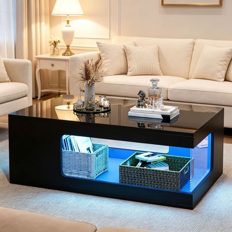Couchtisch aus Spanplatte in Schwarz Hochglanz 100 cm mit LED und seitlichen Ablagen aus gehärtetem Glas