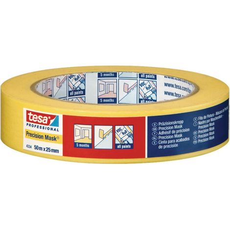 tesa Precision Masking Tape 4334 PLUS, confezione da 6, nastro professionale in carta extra sottile per mascherature precise Giallo, 50 m x 38 mm ciascuno