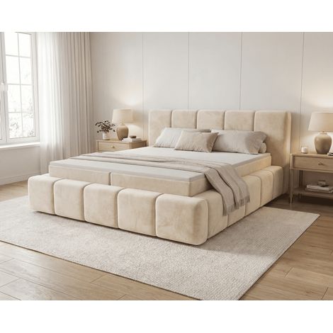 Emporius Lit boxspring 140x200 Calisto avec matelas H3, lit double, mousse épaisse - Beige (1/5)