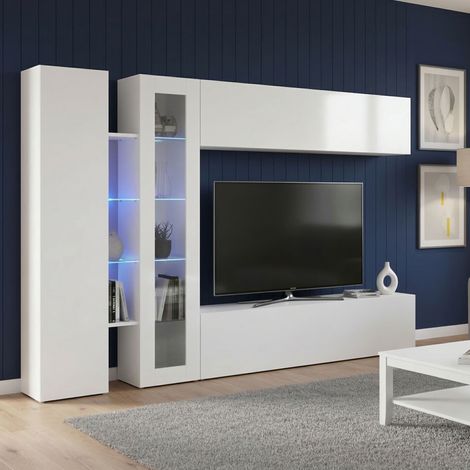Dmora - Pared Equipada Dborin, Conjunto de salón Mueble TV con 4 puertas, Mueble salón polivalente, 100% Made in Italy, cm 280x30x180, Blanco brillo (1/5)