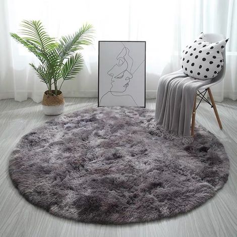 Tapis rond moelleux et duveteux pour salon et chambre, gris foncé, 50 cm[CC] (1/5)