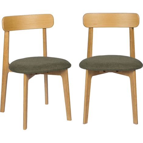 Lot de 2 chaises vintage bois d'hévéa teinte naturelle et tissu texturé - Victoire Naturel / Kaki (1/5)