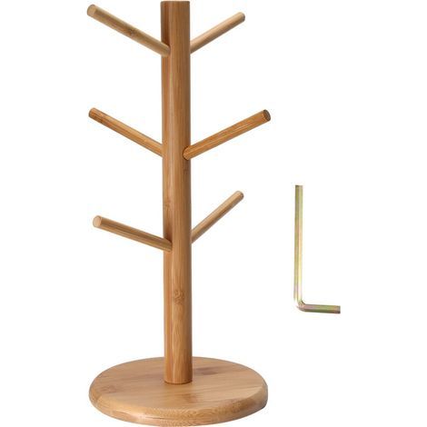 Porte-tasses en bambou, support de rangement en forme d'arbre, 6 crochets, porte-tasses amovible, organisateur et égouttoir.