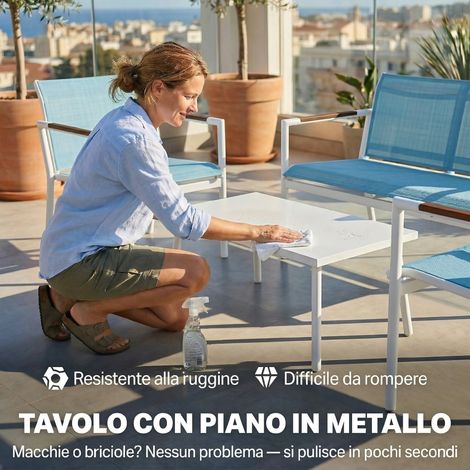 Canapé de jardin 4 places avec fauteuils et table métallique bleus. (1/5)