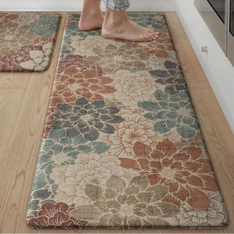 Kitchen floor mat, absorbent and non-slip PVC mat, oil-resistant, washable, long strip mat for winter entryway - Blooming Flowers - Deep Red - 441501.0cm