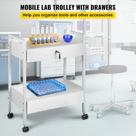 Chariot de laboratoire 2 niveaux en acier inox, chariot utilitaire médical 2 tiroirs, chariot roulant blanc pour labo hôpital dentaire salon esthétique (1/5)
