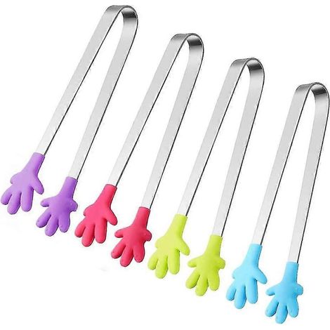 Lot de 4 mini pinces à sucre, pinces alimentaires multifonctions en silicone et acier inoxydable, pinces à glaçons pour barbecue, desserts et salades.