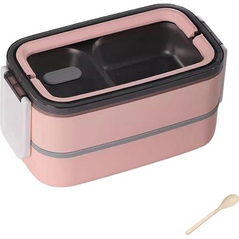 Fiambrera Bento de doble capa (1400 ml)，Acero inoxidable，Incluye juego de cubiertos，Ideal para el desayuno，Fácil de transportar (1/5)