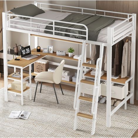 Lit 90x200 avec bureau et rangements métal blanc HAVRYA (1/5)