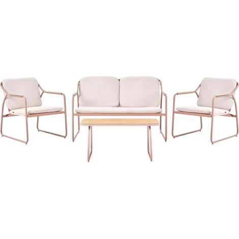 Set da giardino moderno a 4 posti in acciaio verniciato a polvere con cuscini in olefina e tavolino in vetro temperato, beige, Calascio