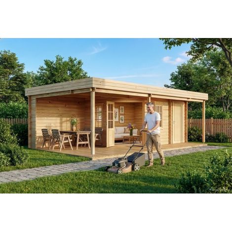 Alpholz Gartenhaus Johanna Plus Gartenhaus aus Holz, Holzhaus mit 40 mm Wandstärke inklusive Terrasse, Blockbohlenhaus mit Montagematerial