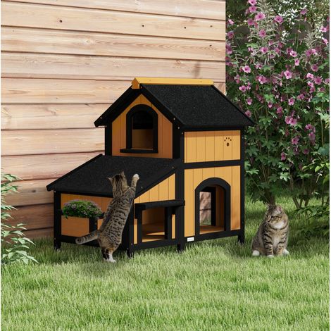2-stöckiges Katzenhaus für draußen, Holz, Bitumendach, gelb HAVRYA (1/5)